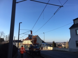 Reparatur der Saarbahn-Oberleitungen
